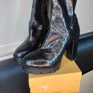 Black Croc print platform ankle boots